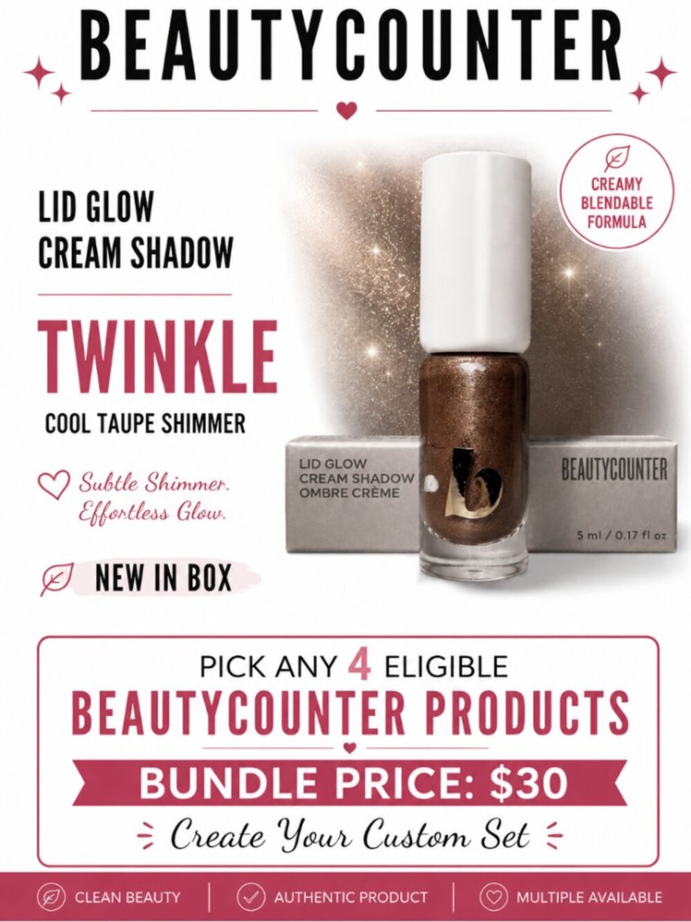 BEAUTYCOUNTER Lid Glow Cream Shadow TWINKLE NIB Bundle 4/$30